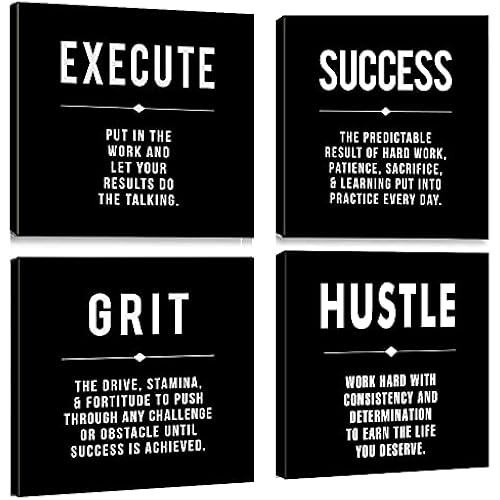 Motivational Grit Success Execute Hustle Quotes Canvas Wall Art -Inspirational Office Wall Art Poster Quotes - Canvas Artwork Picture Print Framed for Home Bedroom Office Wall Decor-12 x12 x4pcs