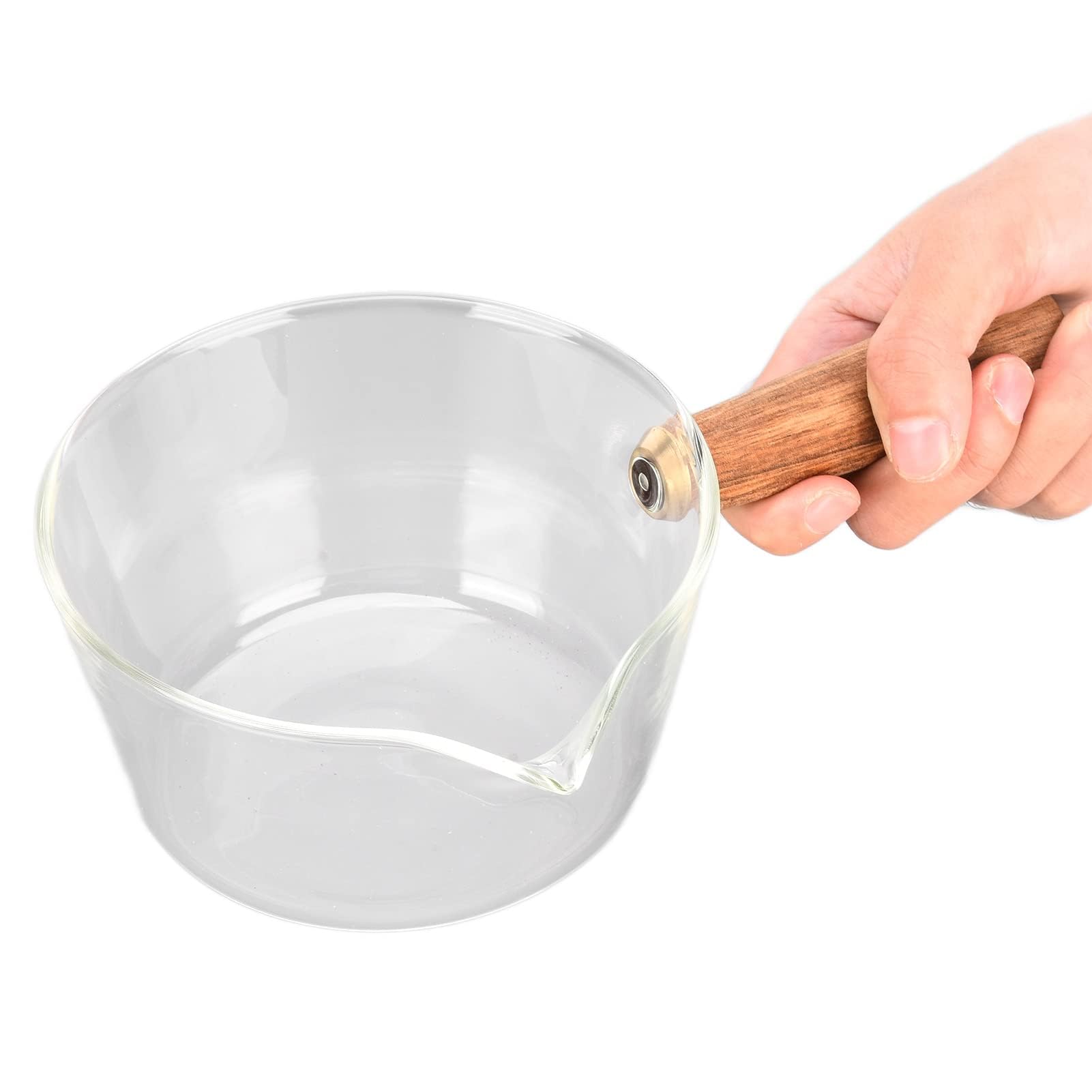 Ejoyous Pentola, lattiera in vetro con manico in legno, casseruola, casseruola, pastaiola con beccuccio a V, salsiera per latte, zuppa, pasta, uova, riso (400 ml)