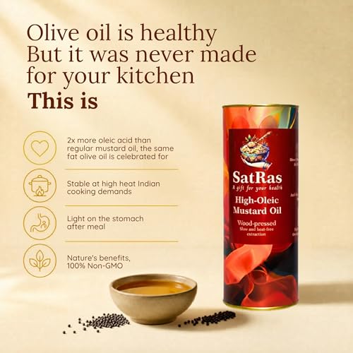 Image of SatRas India's First High Oleic Mustard Oil 1Ltr Extracted from Raya 1706 Seeds | 2X Higher Oleic Acid | Cold pressed Kachi Ghani Sarso Oil | Unrefined, Pure Sarson Tel | Non-GMO & Preservatives Free