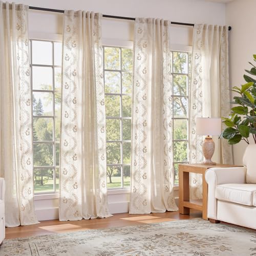 jinchan Belrose 4 Panel Curtains Set 84 Inch Length Floral Curtains Linen Blend Beige Embroidered...