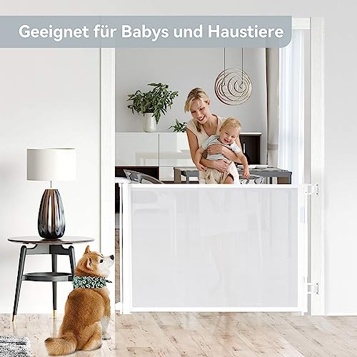 Hawthyhome Treppenschutzgitter Türschutzgitter Ausziehbar 0-140CM, Kinderschutzgitter,Schutzgitter Treppe für Babys und Haustiere Geeignet für Treppen, Türen, Terrasse (Weiss-140CM