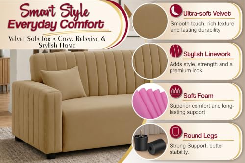 Image of Modern 3 Seater Sofa | Vertical Channel Tufted Backrest & Armrests | Plush Cushioned Seating | Contemporary Upholstered Couch for Living Room, Bedroom & Office - Golden Color
