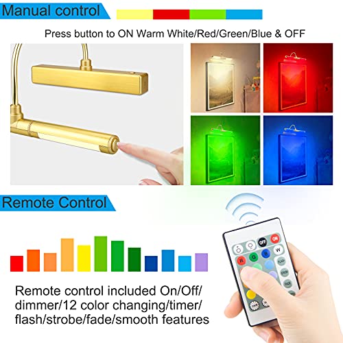 Hongut Wireless Painting Lights With Remote, Rechargeable Picture Light, 28 Leds Rotatable Light Head With 12 Color Changing, Dimmable Display Light With Timer For Frame, Portrait, Art, Dartboard-Gold #TOP1