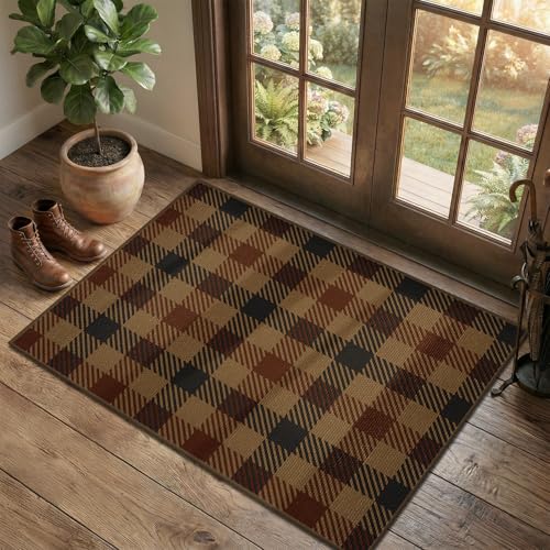JTJ Vintage Large Door Mat Indoor Entrance - 3x4 Easy Jute Fall Rugs Outdoor for Patio, Balcony, Kitchen, Mudroom, Washable Earthy Brown and Red Checkered Elegence Décor 3' x 4' (Rectangular