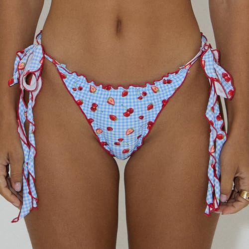 Women Triangle Bikini 2 Piece Set Printed Frill Trim Swimsuit Halter Top Tie Side Bottoms Set4
