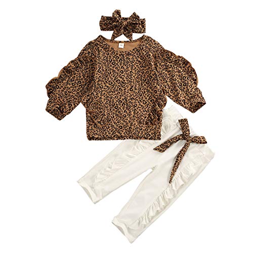 Image of Toddler Kids Baby Girl Leopard Outfits Ruffle Sleeve Leo Sweatshirt Top White Long Pants with Headband