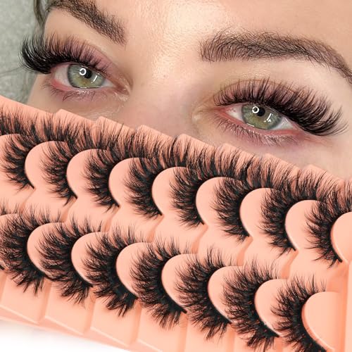 Fluffy Lashes False Eyelashes Wispy Cat Eye Lashes Faux Mink False Lashes 3D Volume D Curl Dramatic Lashes Strips Fake Eyelashes 9 Pairs by Newcally
