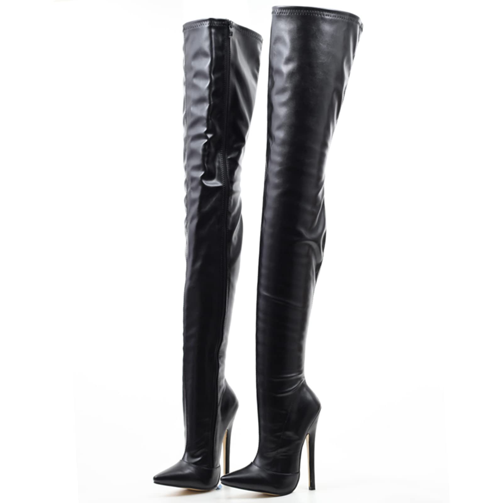 Stivali Alti alla Coscia Rosa Moda Donna, Tacchi Alti da Ballo a Spillo da 18 cm, Stivali Lunghi a Punta a Punta, Scarpe da spogliarellista Esotiche Sexy,Matte Black,38