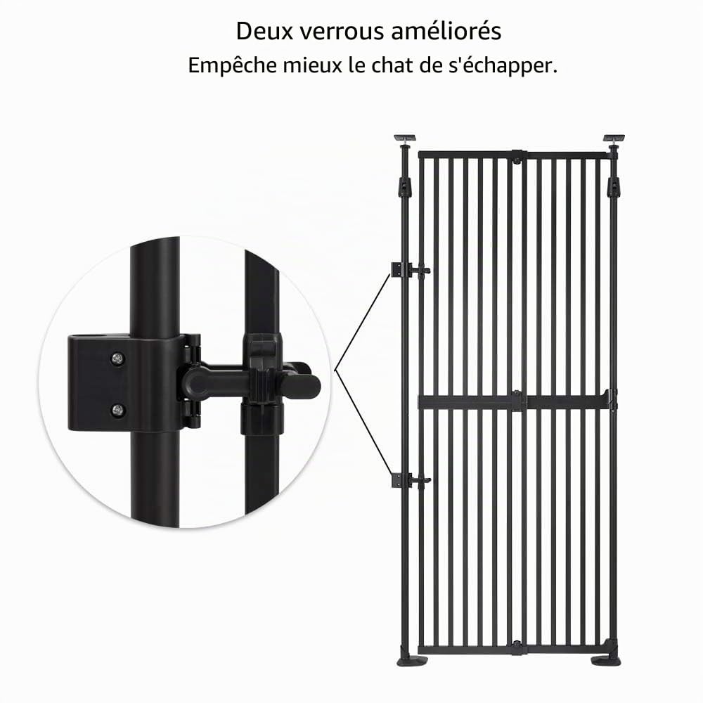 unipaws Barrière de protection pour chat - 190 cm - Fermeture automatique - Sans perçage - Pour chats et chiens - Largeur : 53 à 86 cm - Noir