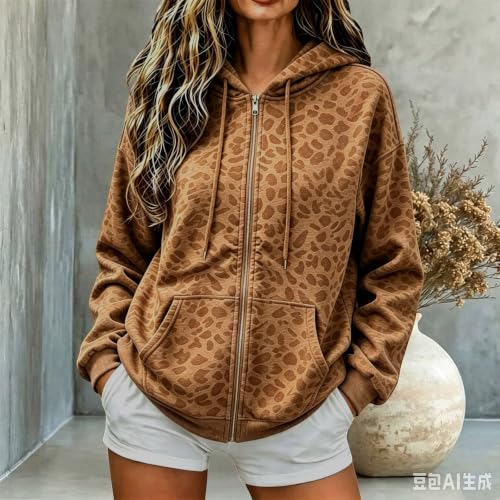 Zip Up Hoodie Women Leopard Hooded Jackets Oversized Y2K Sweatshirts Coat - image 2