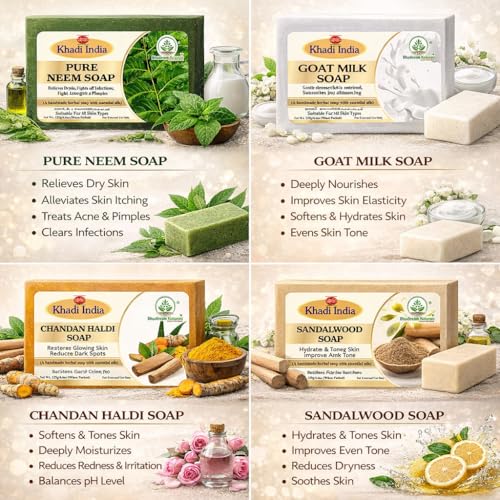 Image of Khadi Organic and Natural Handmade Bathing Soap for Men & Women | Assorted Herbal & Chemical-Free Face and Body Soap for Gentle Cleansing & Healthy Skin (Mixed Bar Soap (Pack of 6))