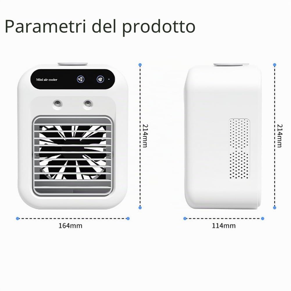 Mini condizionatore d'aria portatile, ricaricabile USB, batteria 1800 mAh, 2 velocità vento, 2 modalità spruzzo, funzionamento silenzioso per casa, ufficio, auto, viaggi