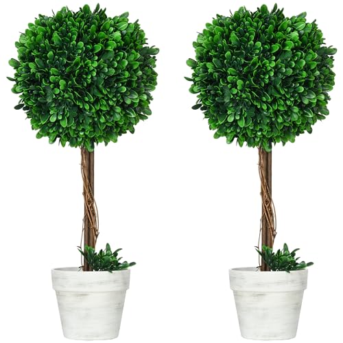 HOMCOM Plantas Artificiales, Set de 2 Plantas Artificiales Resistentes a los Rayos UV, boj de 60 cm, Planta de Interior en Maceta, árbol Artificial, decoración de salón para jardín, terraza, Verde
