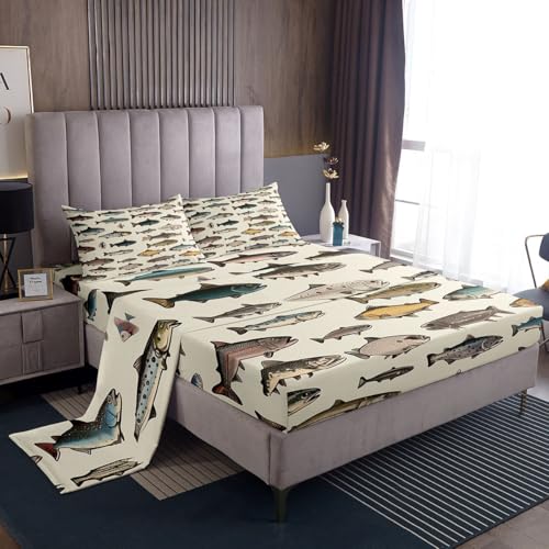 Image of jejeloiu Fish Bed Sheets Set Full Size Ocean Sea Animal Bed Set for Kids Boys Girls Marine Theme Deep Pocket Fitted Sheet Marine Theme Breathable Soft Lightweight Microfiber