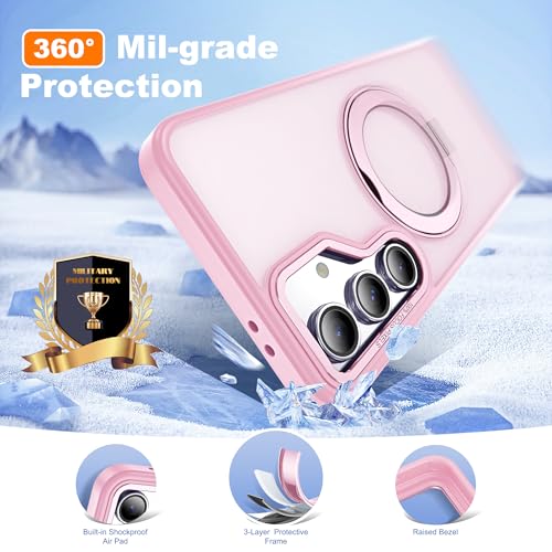 Image of for Samsung Galaxy S23 FE Case with 360 Rotatable Magnetic Ring Stand Compatible with Mag-Safe Military Protection Shockproof Matte Translucent Phone Cases for S23 FE,Pink