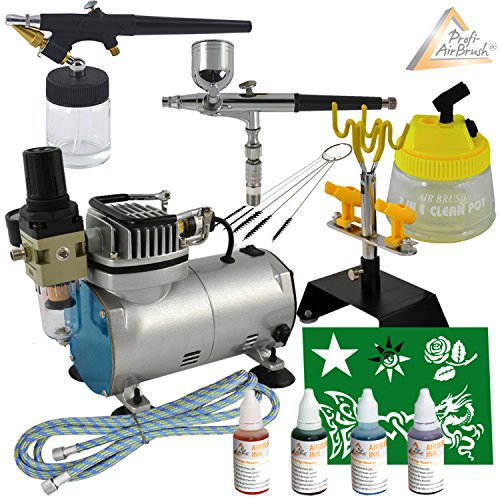 PROFI SET AERÓGRAFO - SET AIRBRUSH con COMPRESOR AERÓGRAFO - COMPRESOR AIRBRUSH, AERÓGRAFO COLORES- AIRBRUSH COLORES Compact II Tattoo y Kit con colores aerógrafo - kit airbrush ideale para principiantes y avanzados de la técnica del aerógrafo!