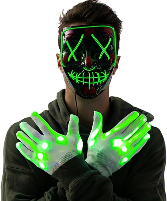 Halloween Mask Skeleton Gloves Set Purge Mask Light Up Glow Gloves for Cosplay