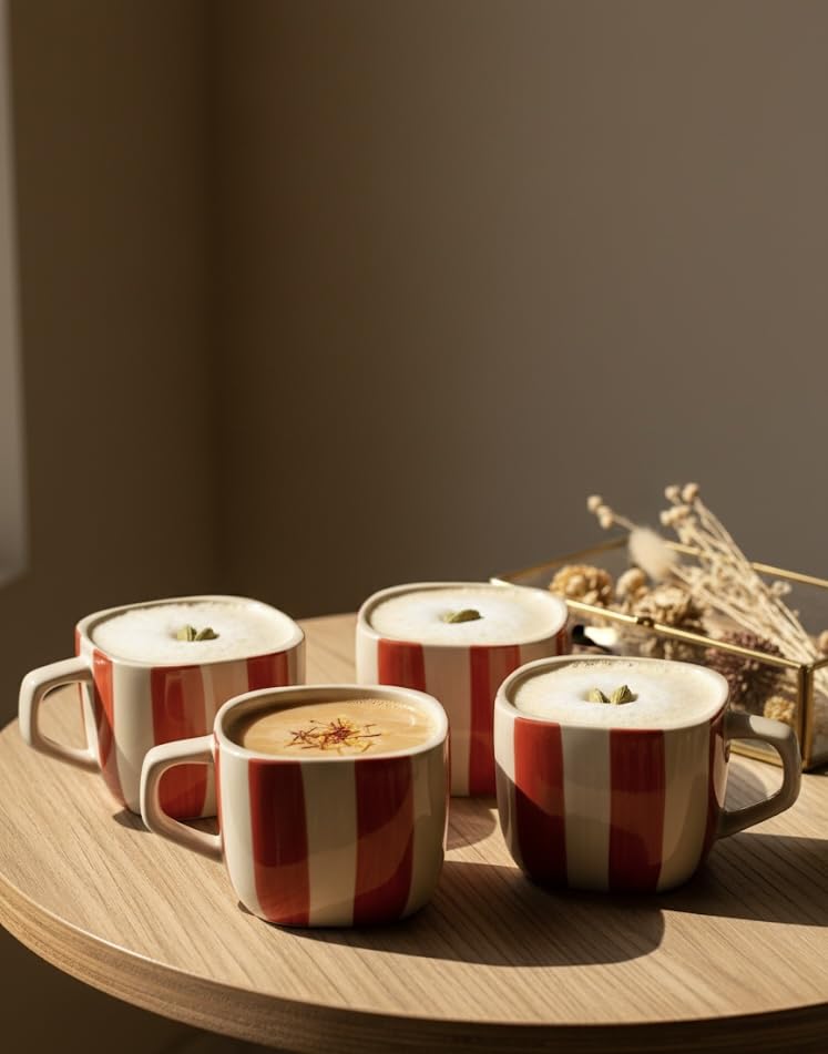 Image of DATA Ceramic Zen Stripes Hand Painted Coffee Mugs in Red Lines, Set of 6, 199 Ml