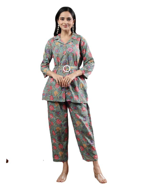 Women's Printed Shirt Collar Full Sleeve Co-ords Set with Belt | Premium Two Piece Matching Top and Bottom Outfit Set for Casual Wear Holiday Travel and Daily Office Style-image-35