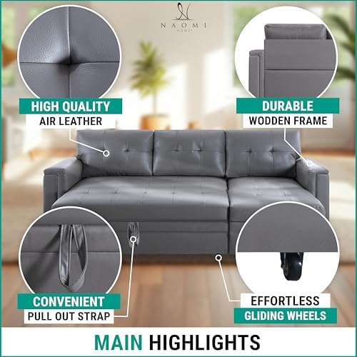 Naomi Home L-Shaped Sectional Sleeper Sofa with USB Ports - Convertible Pull-Out Bed, Ample Storage, Timeless Design, Durable Construction Gray/Air Leather