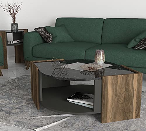 moebel17 Couchtisch Marbel Sofatisch Wohnzimmertisch Tisch fürs Wohnzimmer, Holz, Braun mit Marmor Optik, glänzende Tischplatte, großes Ablagefach, viel Stauraum, Designertisch, 75 x 40 x 75 cm 6061 – Bild 5