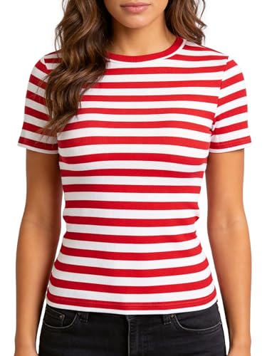 YumiDay Striped Shirt Women Short Sleeve(red/White,L)