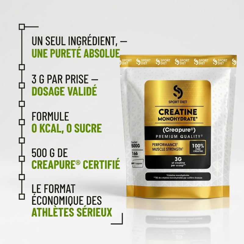 CRÉATINE MONOHYDRATE CREAPURE – Poudre Ultra-Pure 500g – 3g par Portion – Puissance, Explosivité, Performance – Sans Impuretés – Idéal Musculation, Cross-Training, Sports Intenses – SportDiet