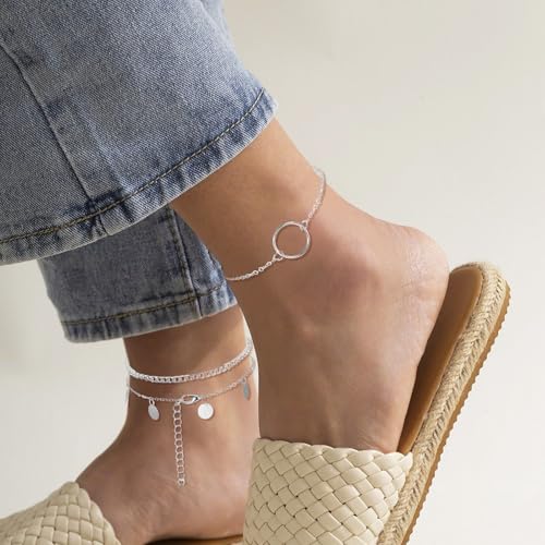 Image of 12pcs Gold /Silver Ankle Bracelets for Women Layered Waterproof 14k Cuban Link Chain Anklets Set Adjustable Dainty Summer Beach Gold Accessories Boho Bracelet Jewelry