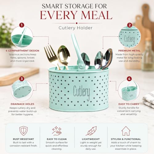 Image of MARKET 99 Green Polka Dot Cutlery Holder | Oval Metal Knife & Fork Holder with Glossy Finish | Multipurpose Kitchen & Dining Table Organizer for Utensils, Spoons, Chopsticks