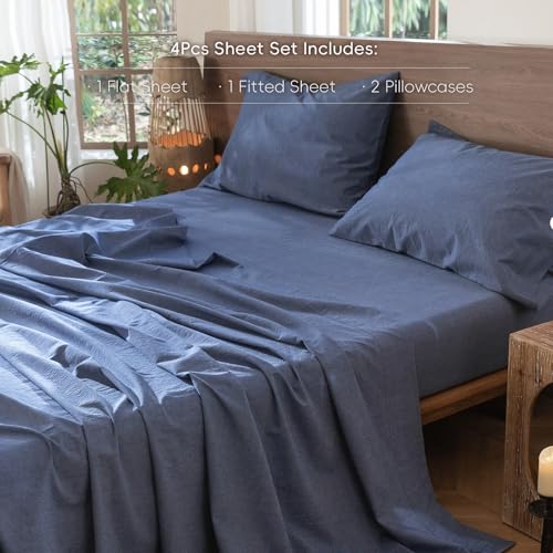 Image of MooMee Bedding Sheet Set 100% Washed Cotton Linen Like Textured Breathable Durable Soft Comfy (Heathered Blue, Full)