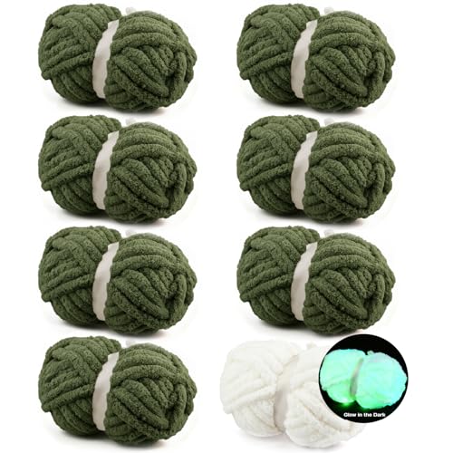FOITLE 8 Jumbo Pack Chunky Chenille Yarn for Hand Knitting, Soft Bulky Fluffy Thick Yarn for Crocheting Blanket Scarf DIY Glow in The Dark Yarn, 8 oz Each Skein(7 Solid, 1 Glow), Green