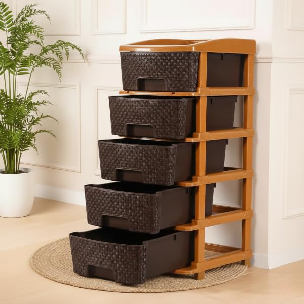 Image of KITCHIVO Plastic Modular Drawer Storage Chest Of Drawers Organizer Storage Box, Large Stomo Racks For Multipurpose Anti-slip Shoes Organizers (Brown, 5 Layer)