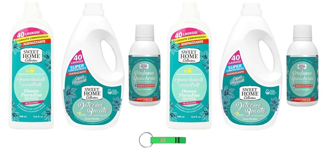 Sweet Home Ocean Paradise Pacchetto Test - Ammorbidente concentrato + Detersivo + Profumo / 6 Articoli della stessa fragranza + Beni Culinari Portachiavi gratuito