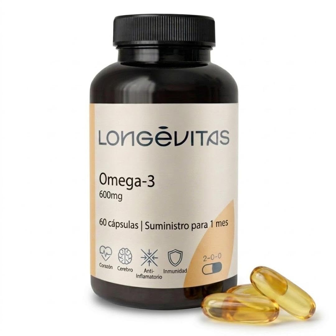 Longévitas Omega 3 Cápsulas EPA 600mg DHA 400mg, 80% (60 Cápsulas) | Alta concentración 80% EPA+DHA por cápsula, Vitamina D incluida, Fabricado en España, 1 mes suministro