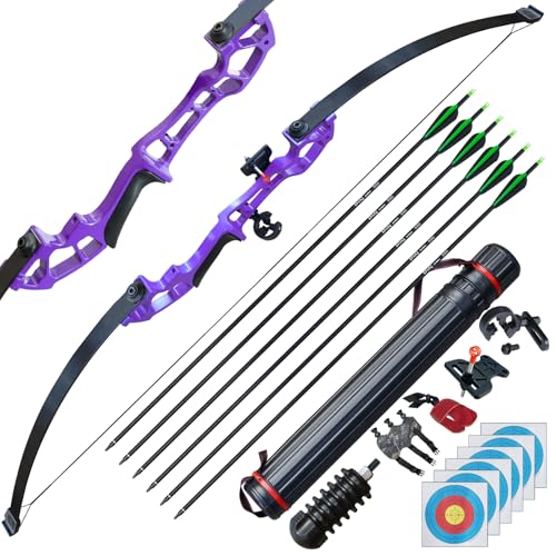 D&Q Archery Set Adult Bow and Arrow Set Adult Takedown Recurve Bow Hunting Bow Target Practice Competition Survival Longbow Right Hand 50 30lbs 40lbs with 6pcs Mixed Carbon Arrow (Purple 40lb)