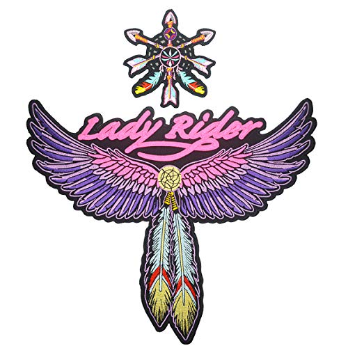 Lady Rider Kleine & Große Federflügel bestickte Rückenaufnäher für Frauen Biker Motorrad Weste Jacke (Set von 2)
