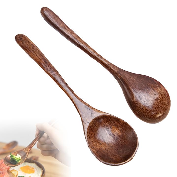 20cm Lange Groß Holzlöffel Ramenlöffe Stiel,2 Stück Suppenkelle aus Holz, Esslöffel aus Holz,Suppenlöffel Getreidesalzlöffel zum Essen Mixen,...