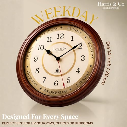 Image of HARRIS & CO. CLOCKMASTERS Luxury Wooden Time & Weekday Wall Clock, Weekly Analog Clock with Days, Hours & Minutes Markers, HD Clear Glass with Silent Sweep Noiseless (14 Inch) Model-Daybrook Road