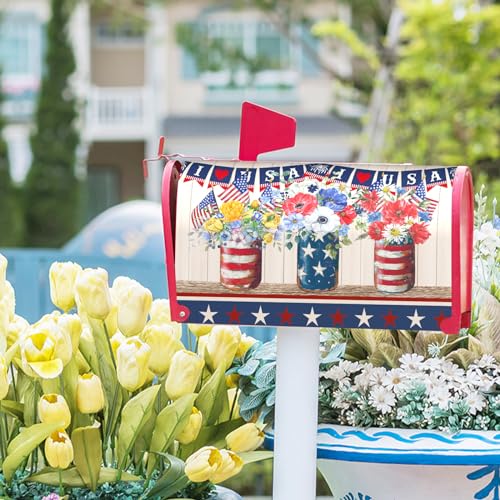 Image of America Forever Patriotic Mailbox Cover Red White Blue Floral Mailbox Covers Magnetic Standard Size 18 inchX21 inch 4th of July American Flag Decorative MailWrap Post Letter Box Cover for Outdoor Decor