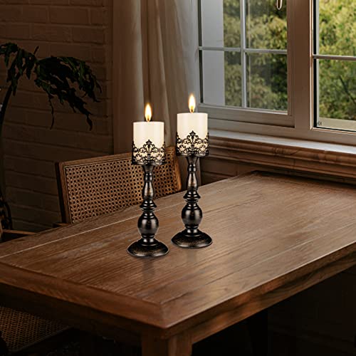Candle Holders For Pillar Candles Gothic Matte Black Vintage Tall Candle Holders Set Of 2 Decorative Large Table Centerpieces Candle Stand Decor (Distressed Black 2Pcs A) #TOP2