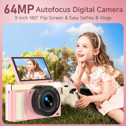 4K 64MP Digital Camera with 32GB TF Card, 3" 180° Flip Screen Autofocus Camera with 16x Zoom and Macro, Compact Rechargeable Vlogging Camera Gifts for Kids Beginners Adults Pink - Image 4