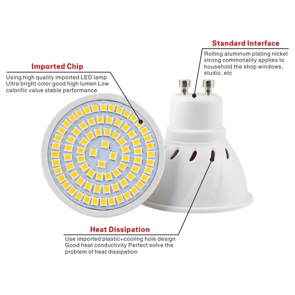 YSJX lighting, Paquete de 20, bombilla de foco LED GU10 AC220V lámpara LED 48/60/80LED 2835SMD foco de lámpara LED Bombillas para el hogar(Warm White,5W 80LED GU10)