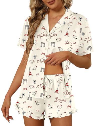 Image of Ekouaer Pajamas Set for Women Short Sleeve Sleepwear Button Down Pjs Lounge Sets Soft Nightwear