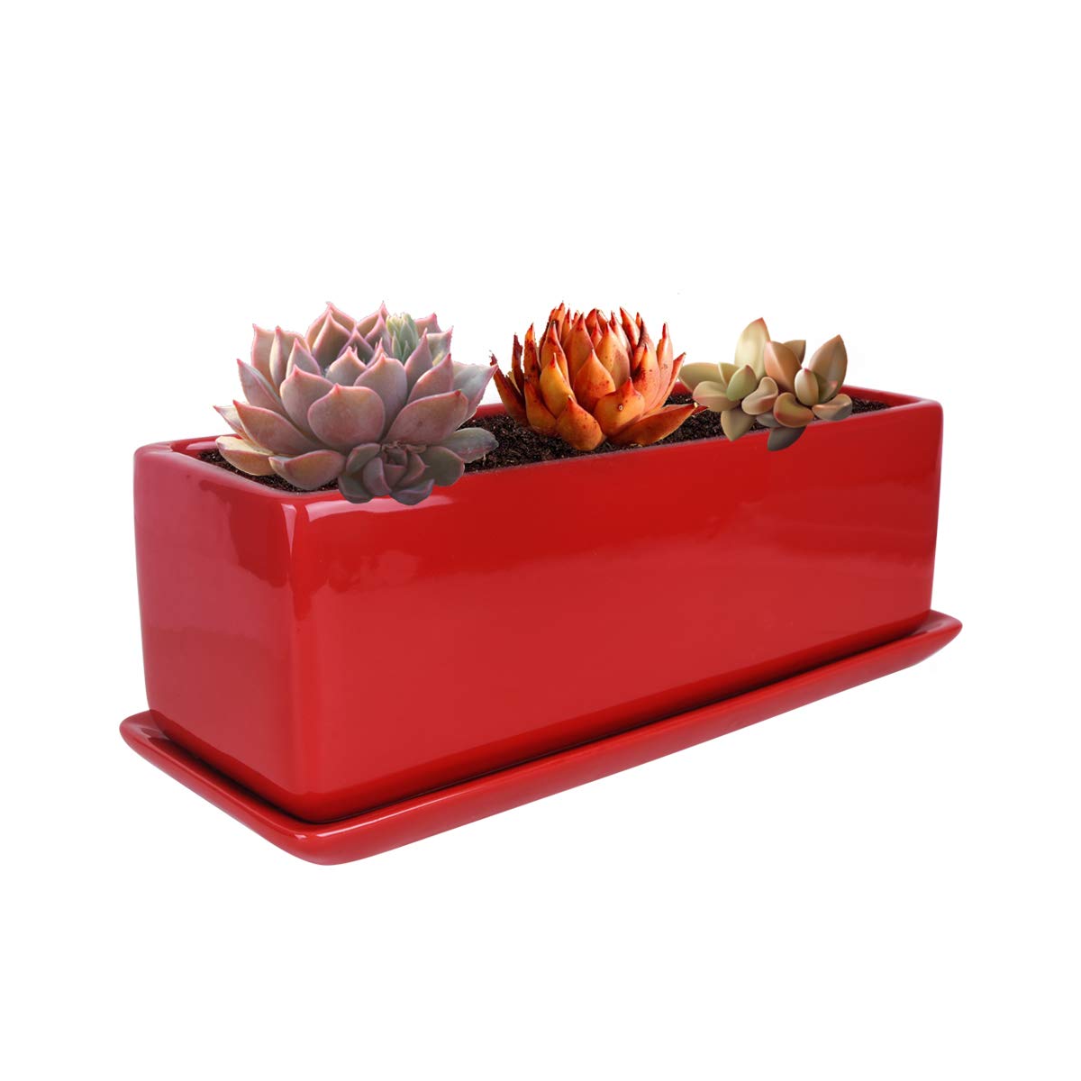 Vencer 12 Inch Rectangular Modern Minimalist Ceramic Succulent Planter Pot - Window Box with Saucer,Office Desktop Potted Stand,Red,VF-0135R