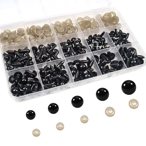 TOAOB Sicherheitsaugen für Häkeltiere 150 Stück Puppenaugen mit Unterlegscheiben 6 mm bis 12 mm Kunststoff Schwarz Knopfaugen für Puppe Plüschtier und Teddyaugen Basteln
