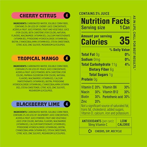 Image of Popwell Variety Pack Better-For-You Prebiotic Soda, with 6g Fiber, 1g Sugar, Vitamins and Immunity Support, 12 fl oz, 12 count (Blackberry Lime, Cherry Citrus, Tropical Mango)