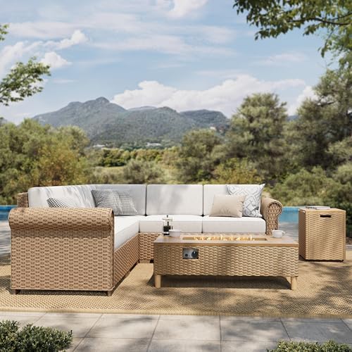 Image of HERA'S HOUSE 7 Piece Patio Furniture Set, Outdoor Sectional Wicker Sofa with Fire Pit Table, 5.5 inch Thick Waterproof Cushion All Weather 5 Seats Modular Conversation Set for Garden Deck Backyard