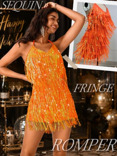 Image of Kaei&Shi Sequin Fringe Romper,Sparkly Glitter Metallic Jumpsuits For Women,Backless Shorts Dress Disco Birthday Dance Outfit