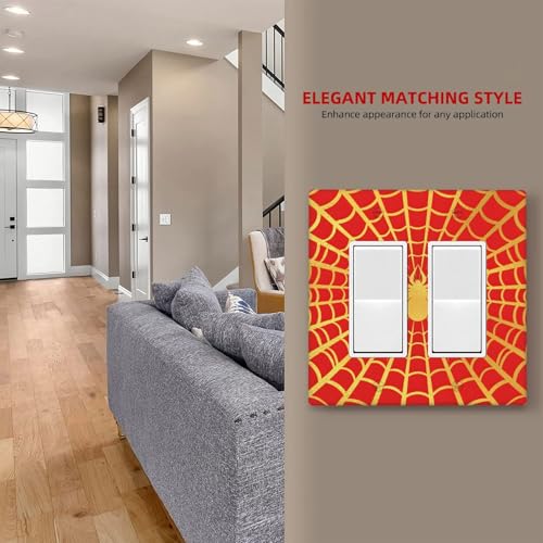 Decorative Outlet Covers Red Background with Golden Spiderweb Spider 2 Gang Light Switch Cover Plate Double Rocker Wall Plate Switch Plate Covers Faceplate for Bedroom Decor