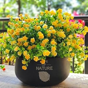 12 Bundles Artificial Flowers for Outdoors, UV Resistant Fake Flowers with Plastic Plants, Faux Flowers for Outside Window Box Front Porch Hanging Planter Decor (Yellow)
